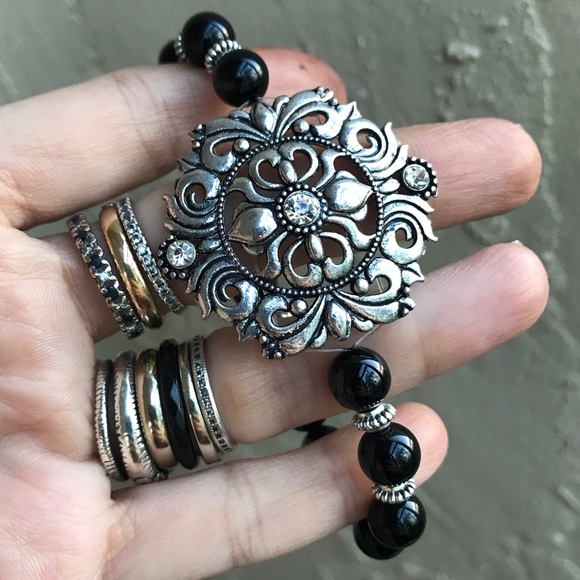 Onyx gothic bracelet . victorian gothic silver cz flower & black onyx gemstones - Picture 5 of 10